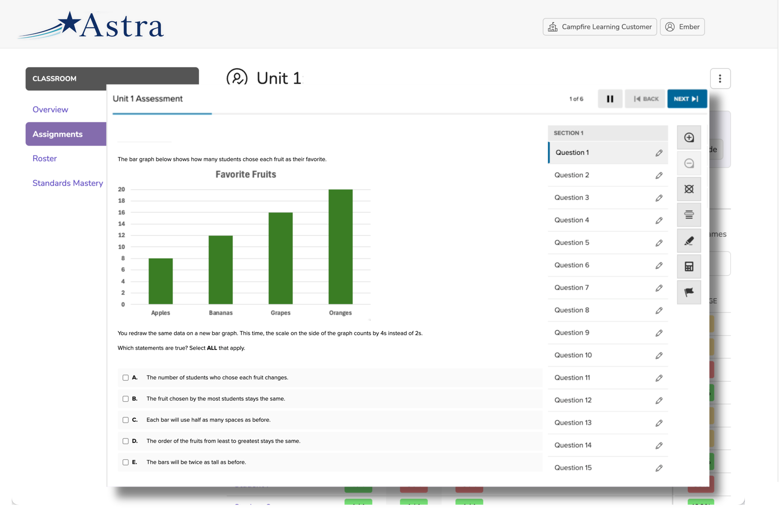 Campfire Classroom — an Astra Unit 1 assessment showing a bar-graph item and question navigation panel